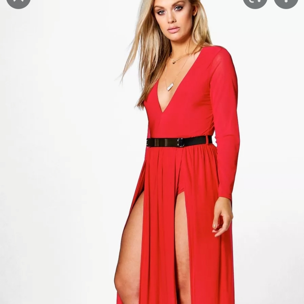 Plus Red Double slit maxi dress